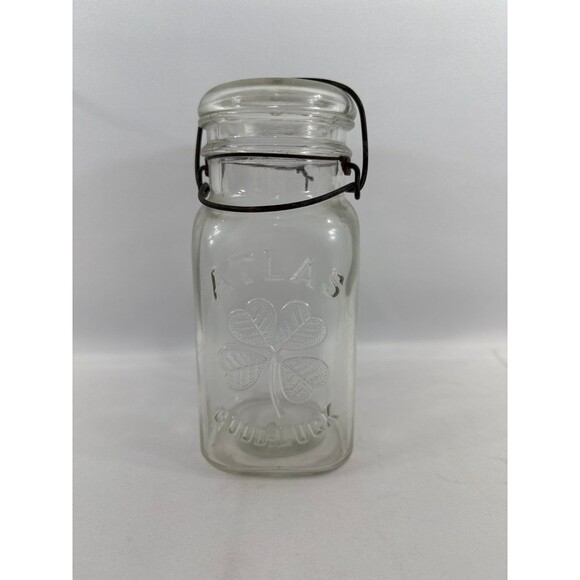 Other - Vintage Atlas "Good Luck" Clear Glass Jar w/ Lid